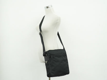 Prada Front Zip Messenger Quilted Tessuto, Black, Nylon, Shoulder Bag