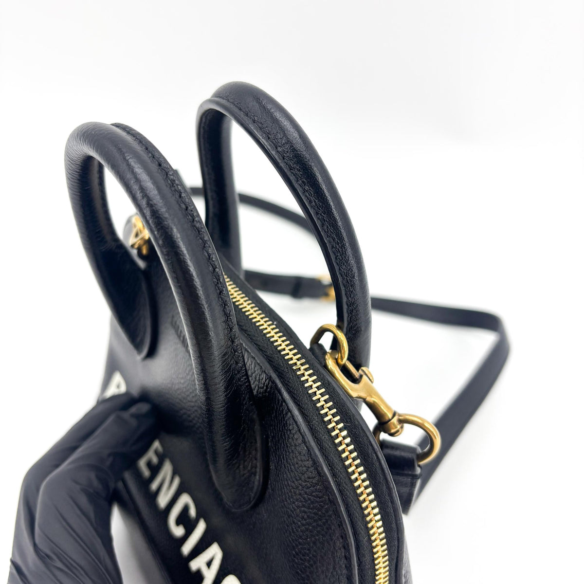 Balenciaga Logo Ville Leather, Black, Leather, Handbag