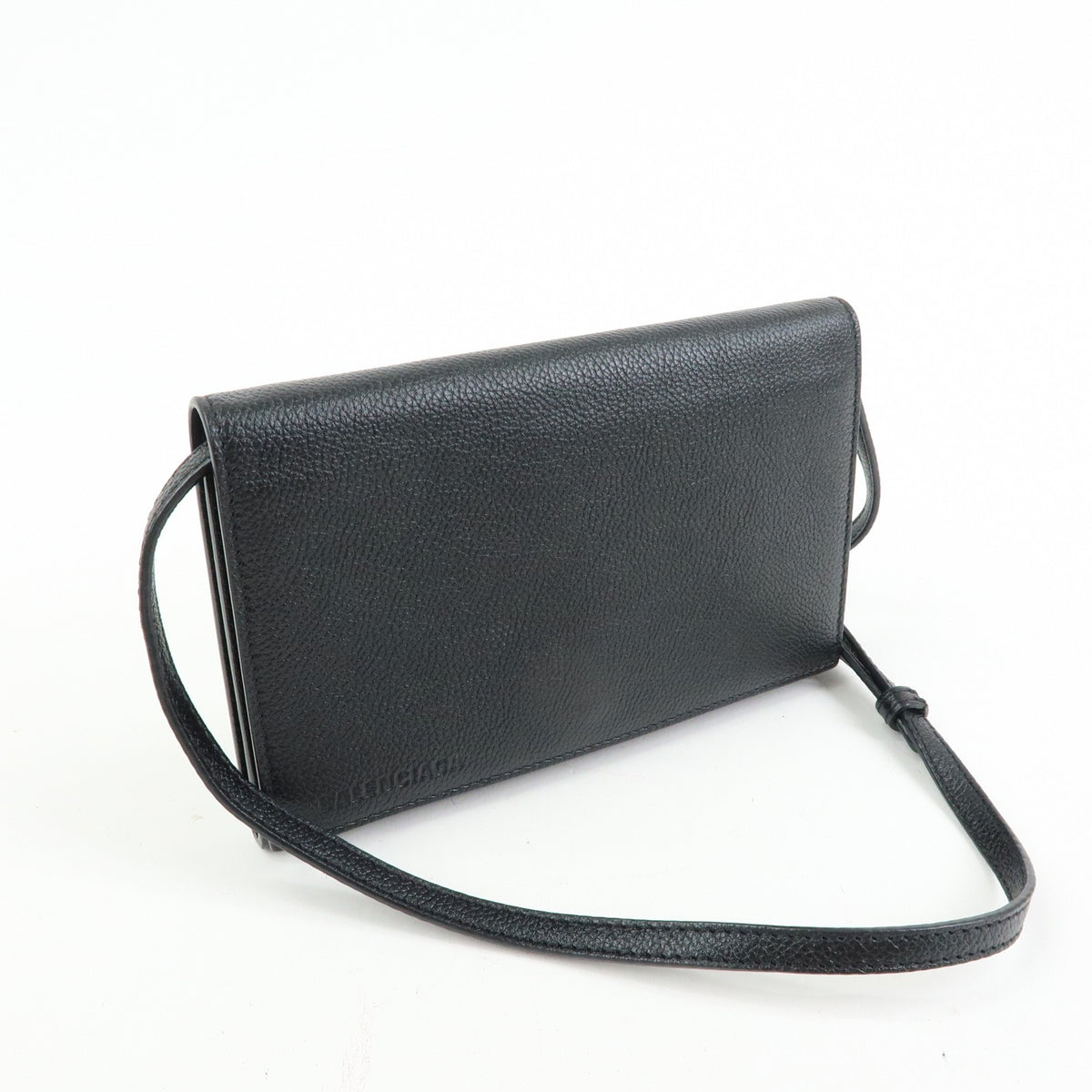 Balenciaga Logo Wallet with Strap Embossed Leather, Black, Leather, Crossbody Bag