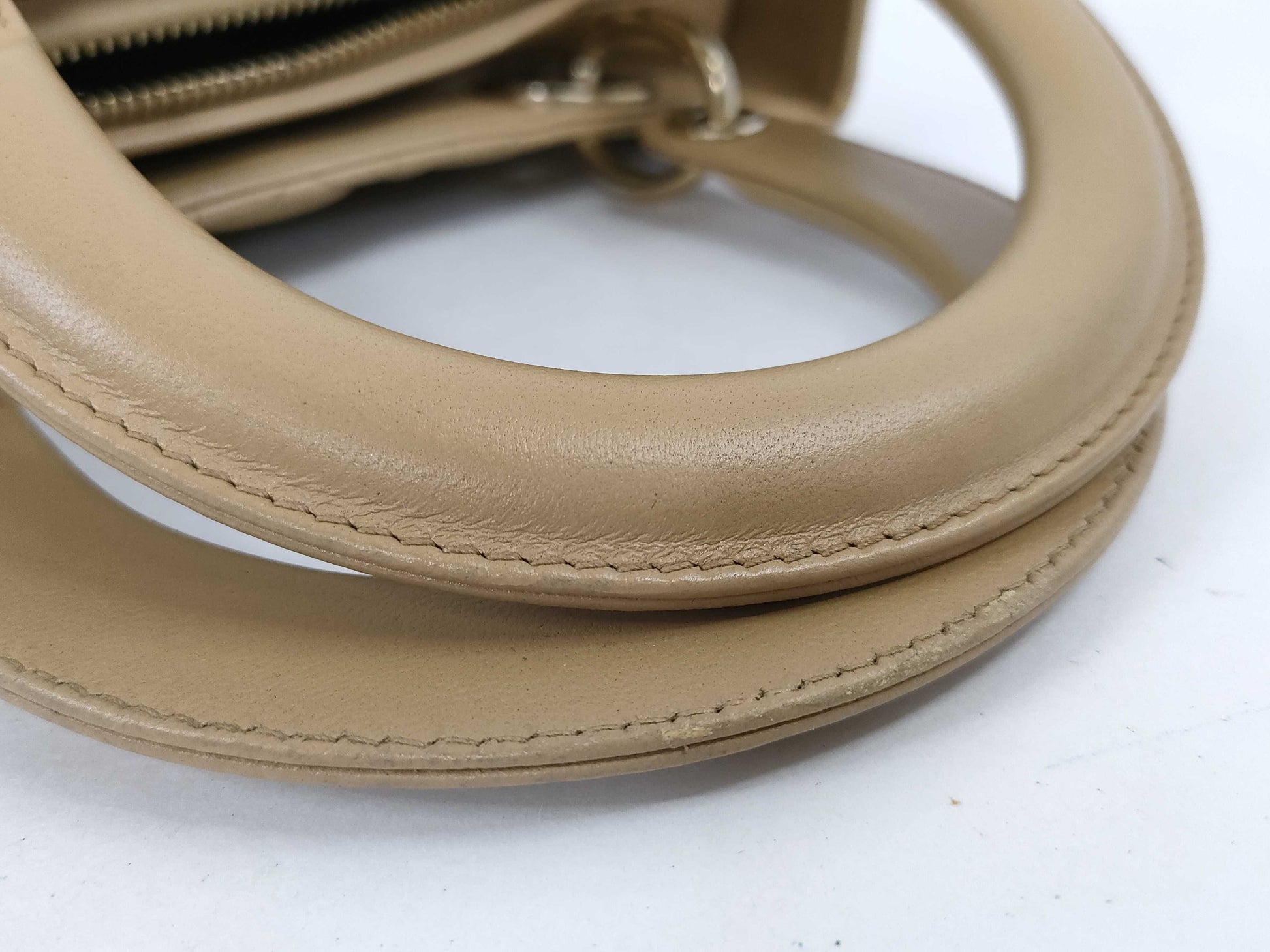 Christian Dior Lady Dior Cannage Quilt Lambskin, Beige, Leather, Handbag