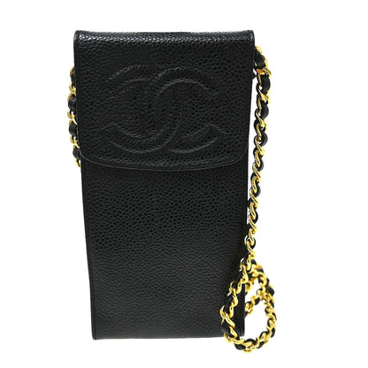 Chanel Vintage CC Phone Holder Caviar, Black, Leather, Clutch
