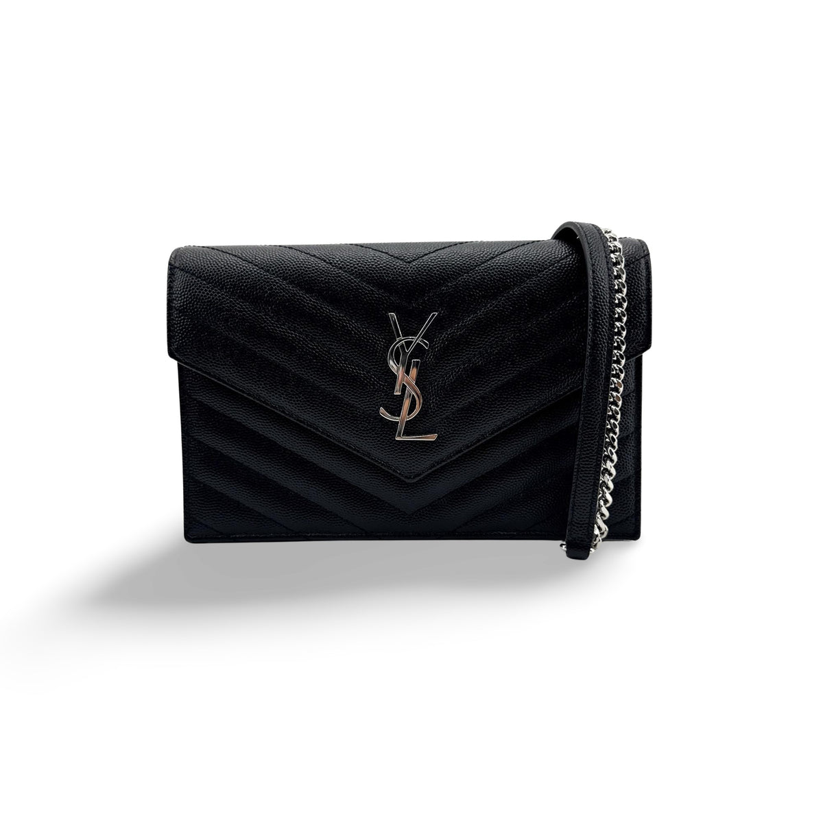Saint Laurent Classic Monogram Wallet on Chain Matelasse Chevron Leather, Black, Leather, Crossbody Bag