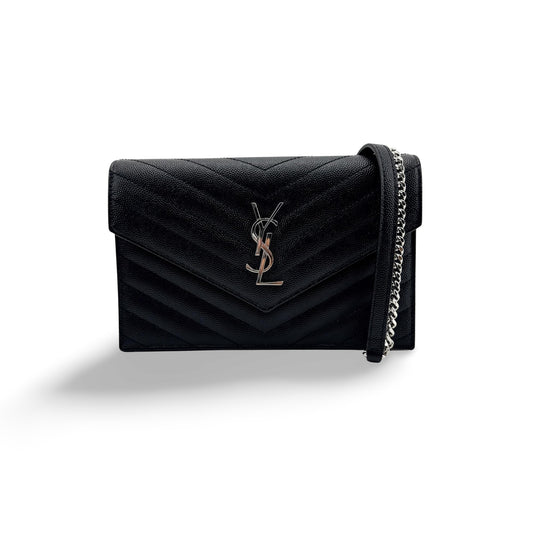 Saint Laurent Classic Monogram Wallet on Chain Matelasse Chevron Leather, Black, Leather, Crossbody Bag