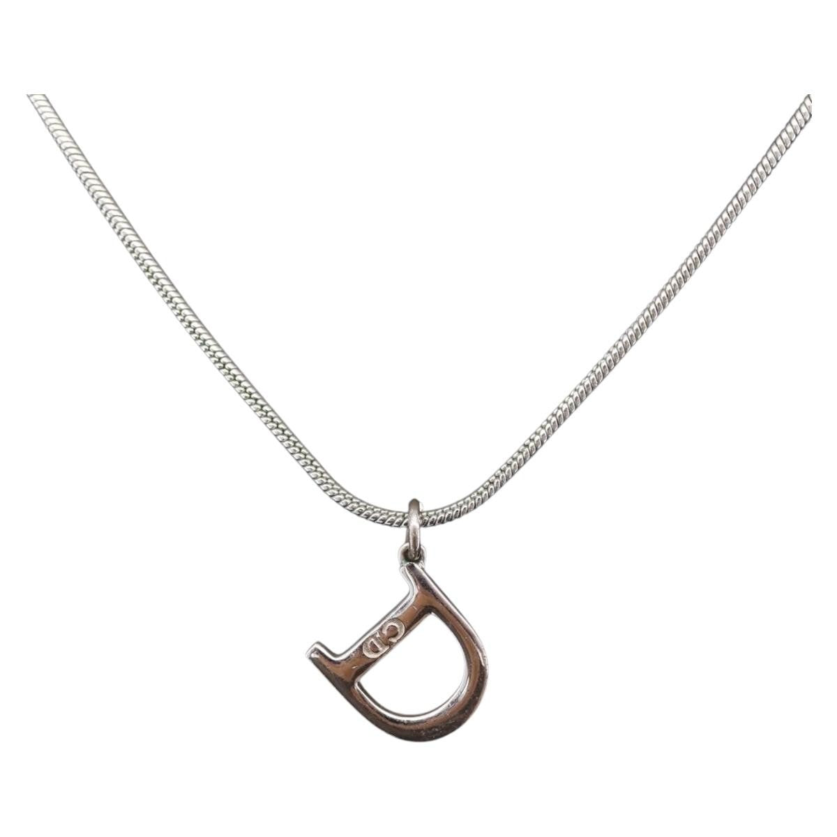 Christian Dior D logo Pendant Metal, Silver, Metal, Necklace