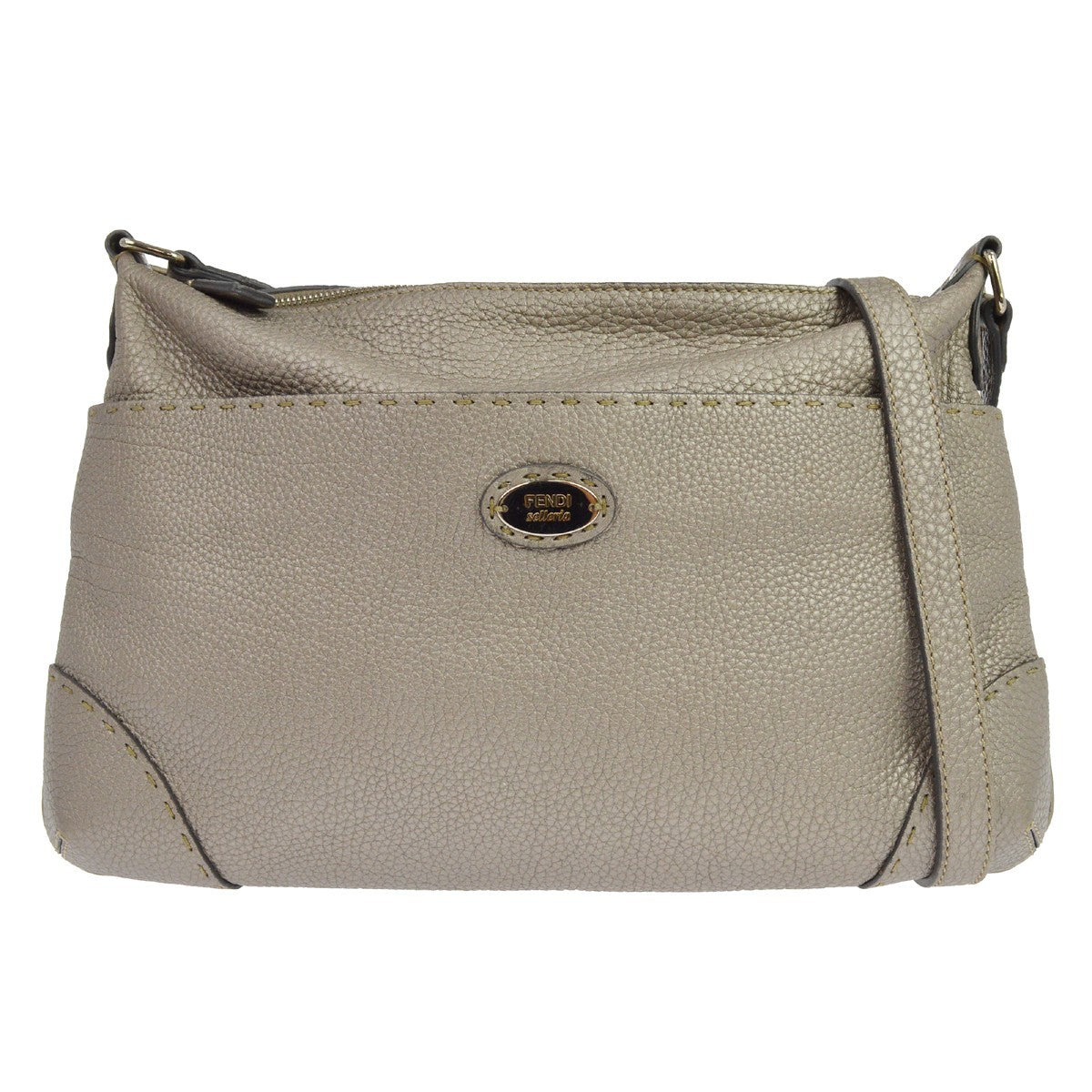 Fendi Selleria Front Pocket Leather, Gray, Leather, Crossbody Bag