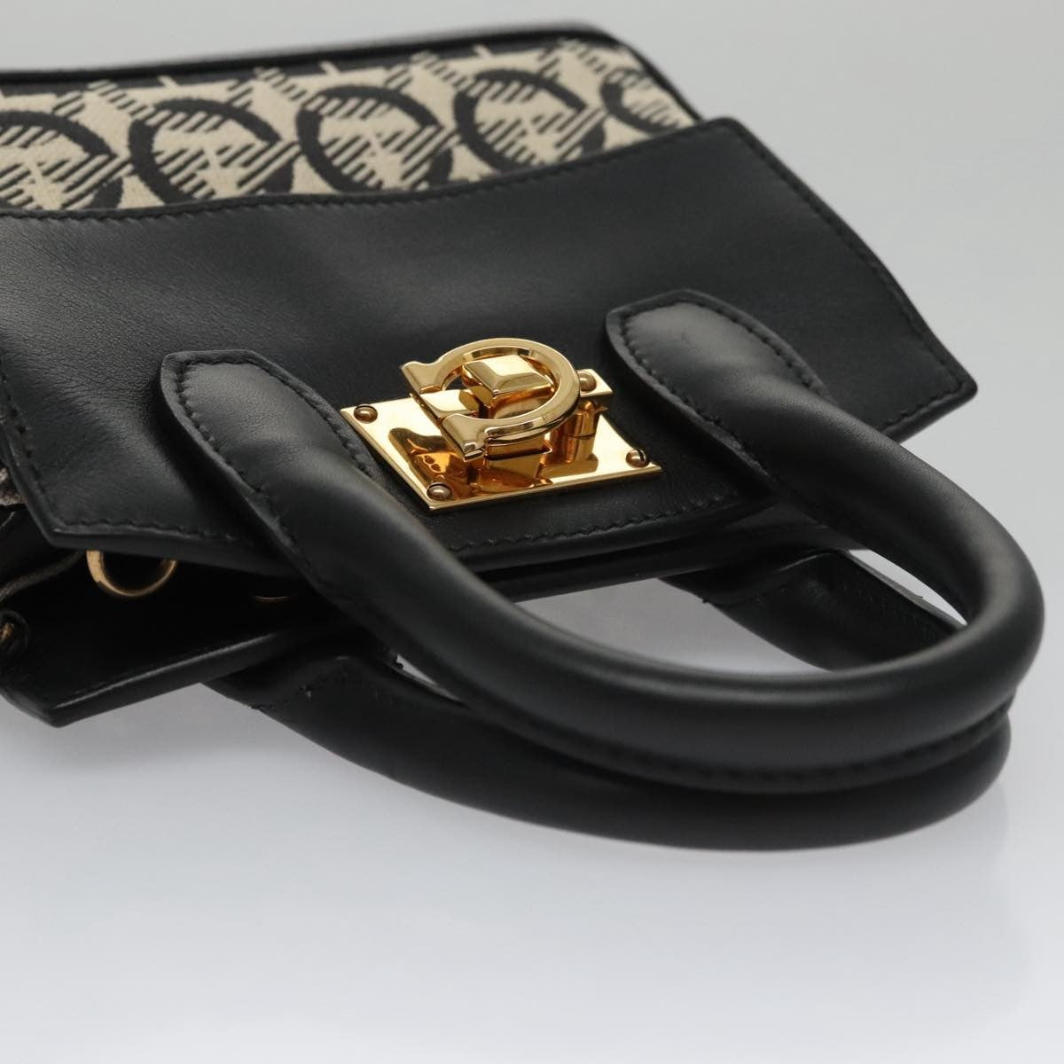 Salvatore Ferragamo Studio Satchel Gancini Jacquard and Leather, Black, Canvas, Handbag