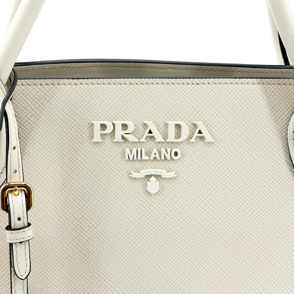 Prada Monochrome Saffiano with City Calf, White, Leather, Tote Bag