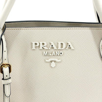 Prada Monochrome Saffiano with City Calf, White, Leather, Tote Bag