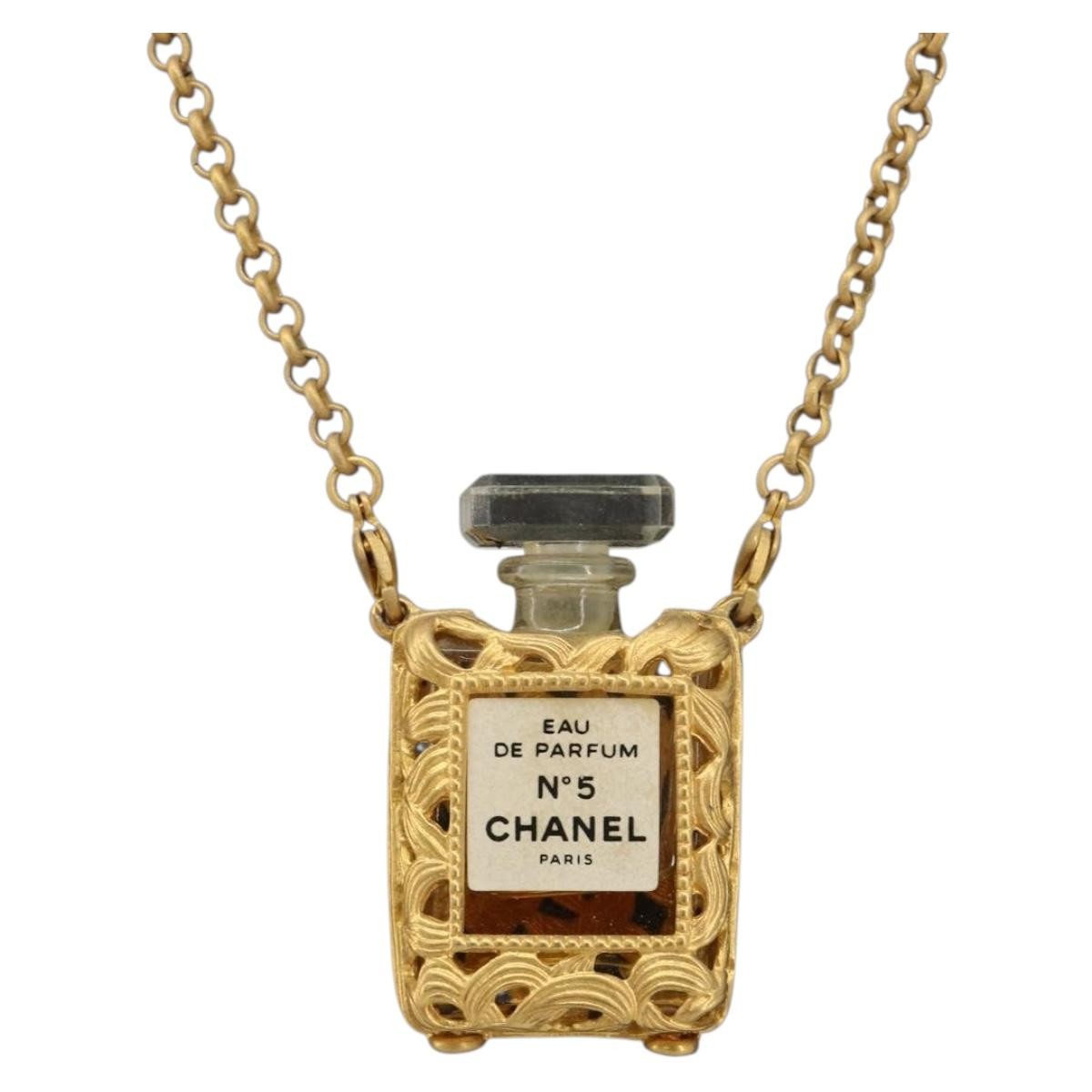 Chanel CC No.5 Perfume Bottle Pendant Metal, Gold, Metal, Necklace