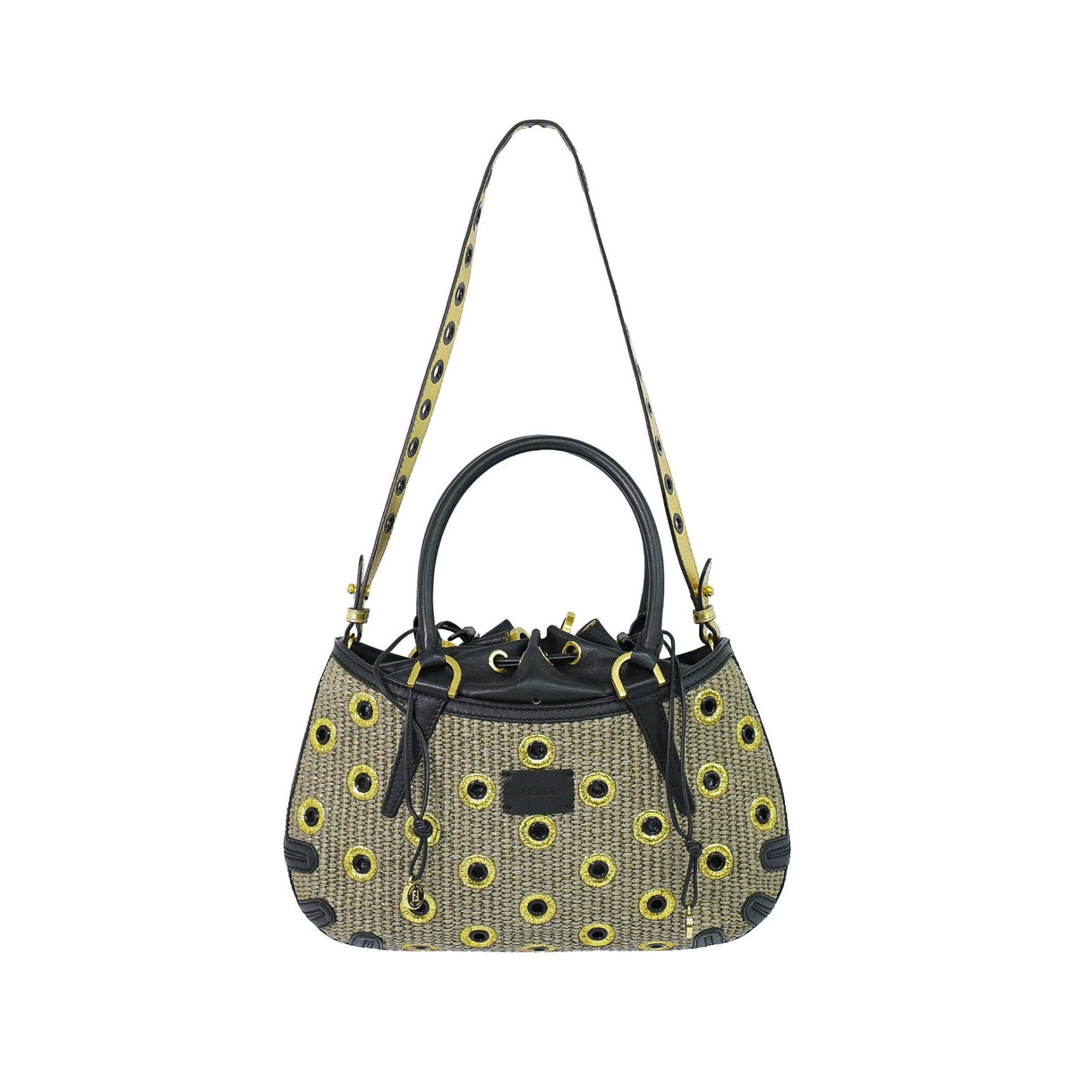 Fendi B. Fab Convertible Tote Grommet Embellished Raffia, Beige, Leather, Handbag
