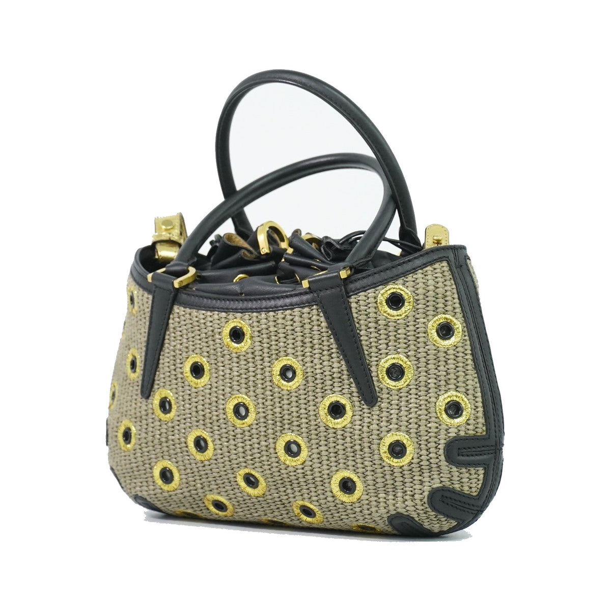 Fendi B. Fab Convertible Tote Grommet Embellished Raffia, Beige, Leather, Handbag