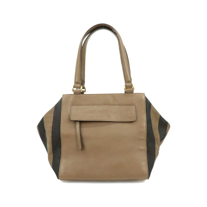 Fendi Boxy Leather with Pequin Canvas, Brown, Leather, Tote Bag