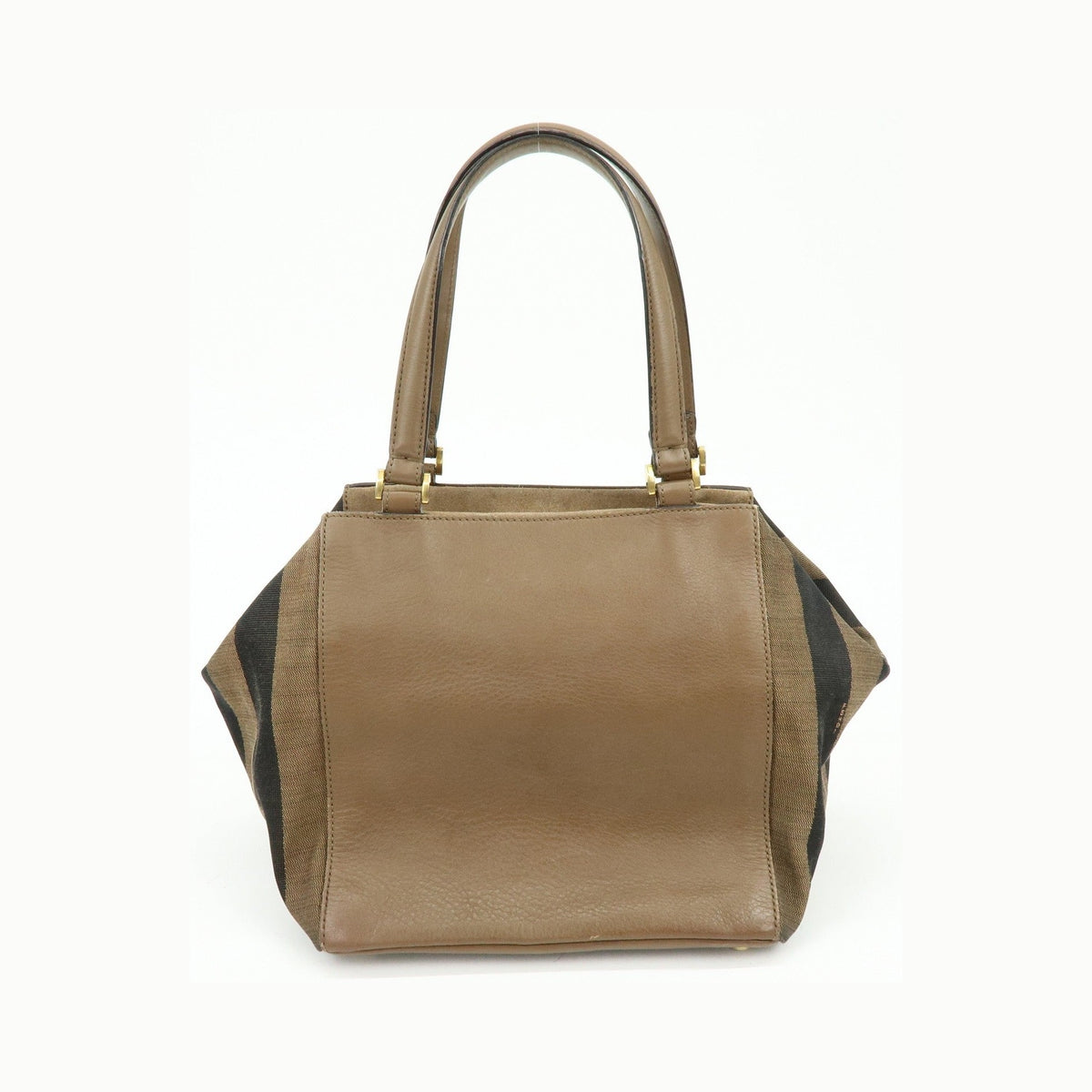 Fendi Boxy Leather with Pequin Canvas, Brown, Leather, Tote Bag