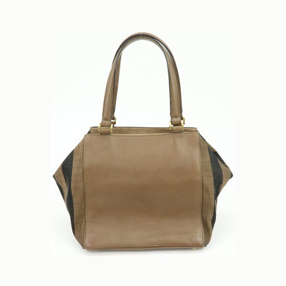 Fendi Boxy Leather with Pequin Canvas, Brown, Leather, Tote Bag