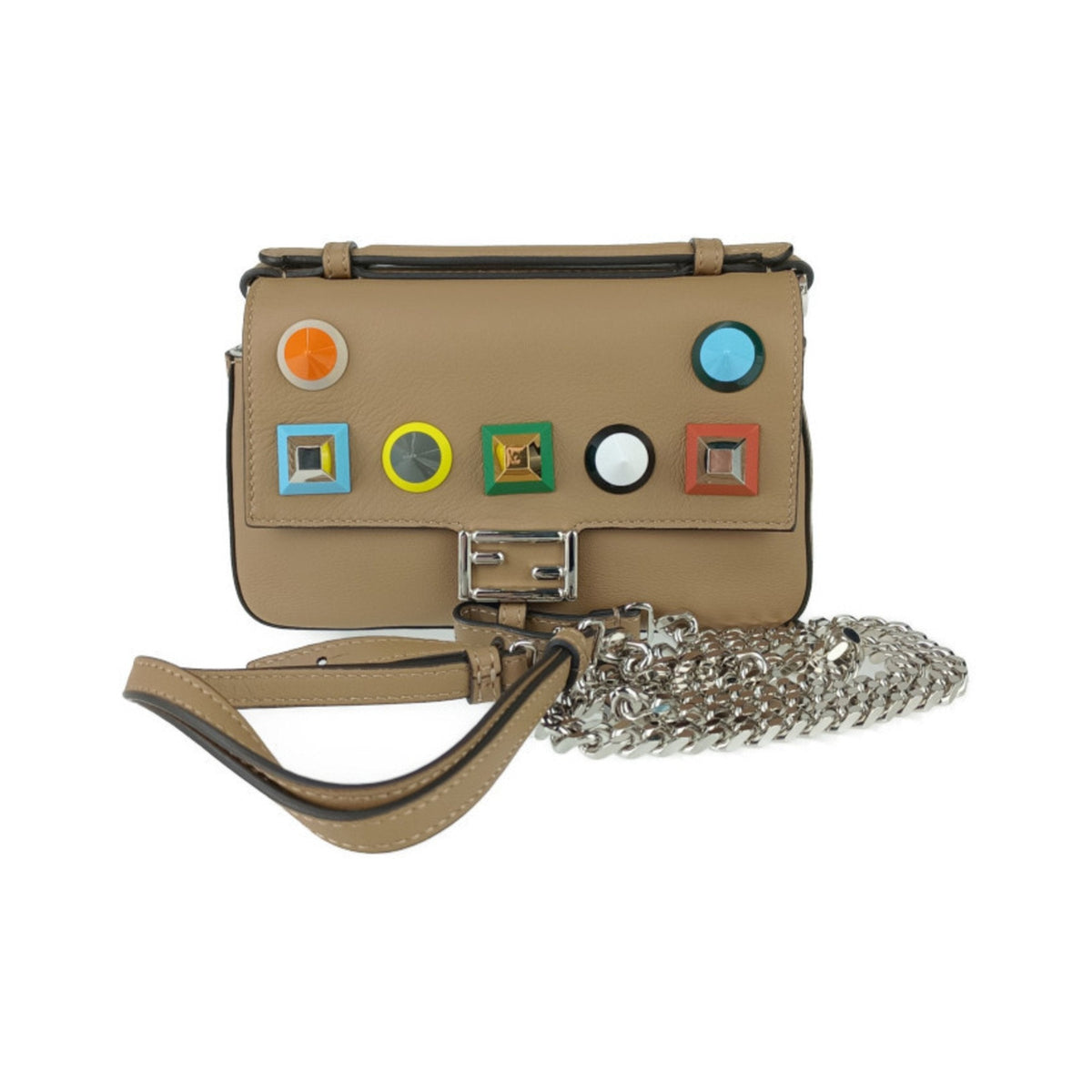 Fendi Chain Baguette Charm Leather, Beige, Leather, Handbag