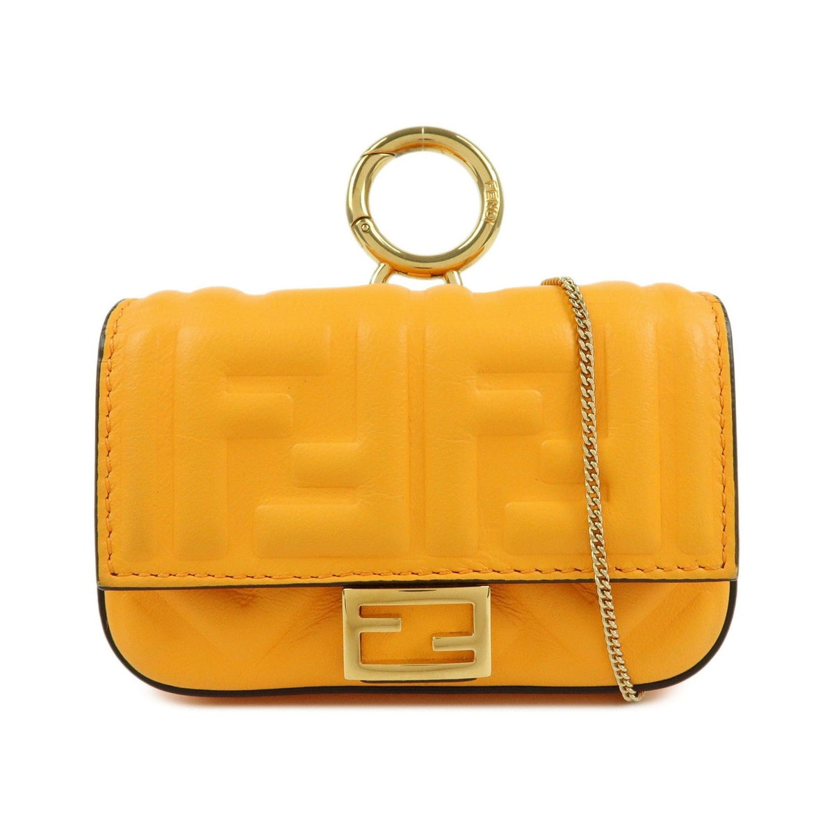 Fendi Chain Baguette Charm Zucca Embossed Leather, Orange, Leather, Handbag