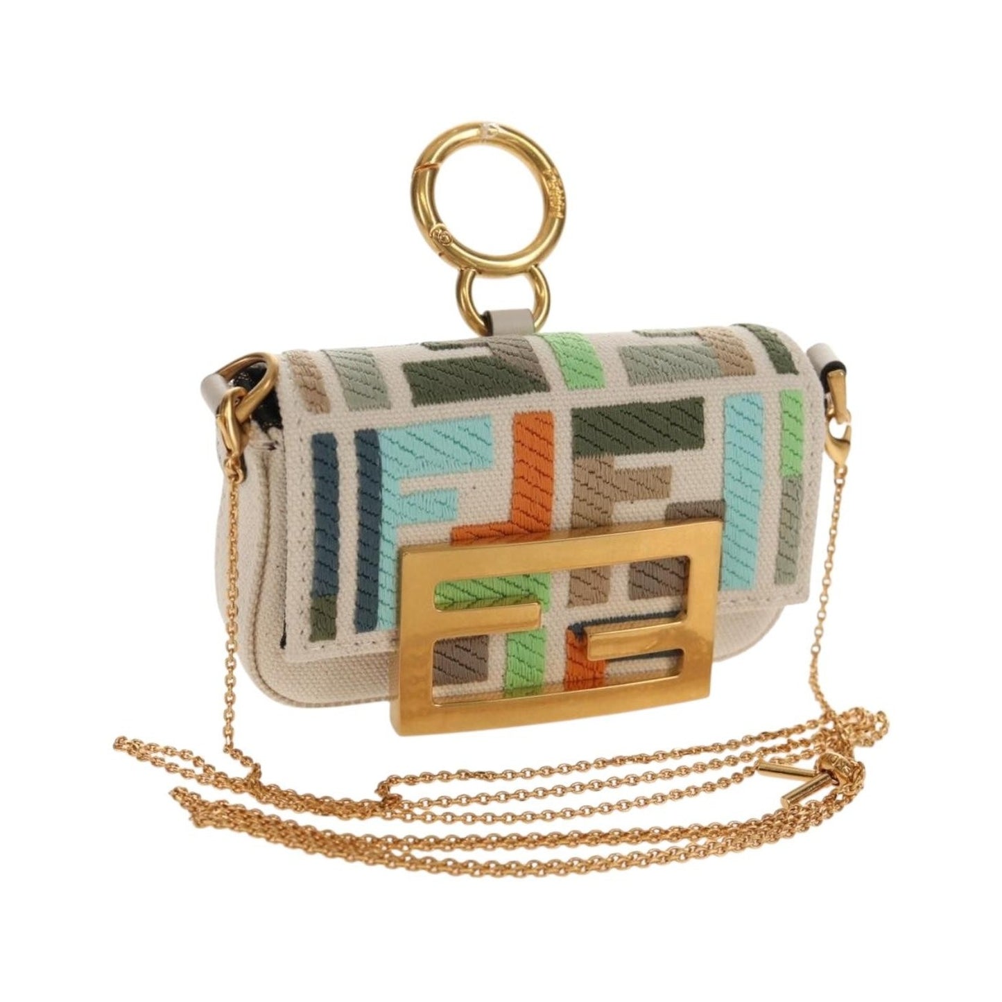 Fendi Chain Baguette Charm Zucca Embroidered Canvas, Multicolour, Canvas, Shoulder Bag