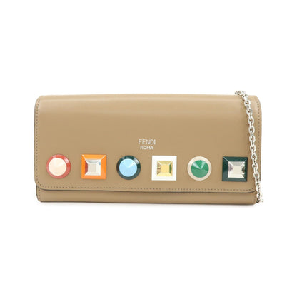 Fendi Continental Wallet on Chain Studded Leather, Beige, Leather, Crossbody Bag