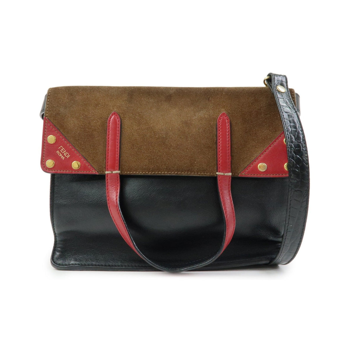 Fendi Flip Leather and Suede, Black, Leather, Tote Bag
