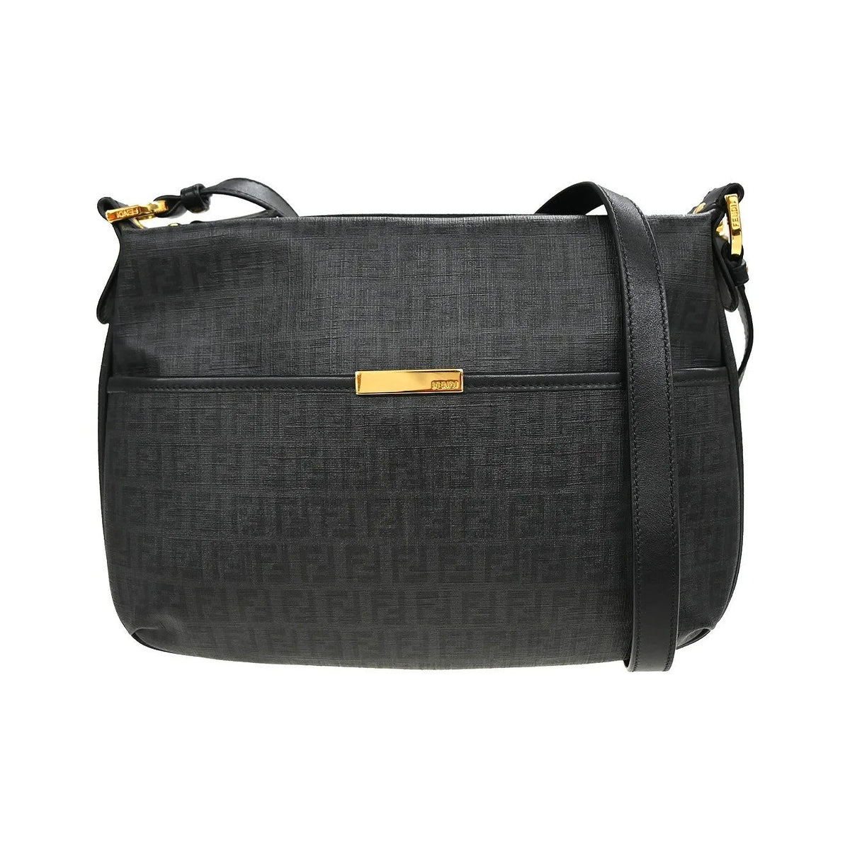 Fendi Front Pocket Messenger Zucchino Coated Canvas, Black, PVC, Shoulder Bag
