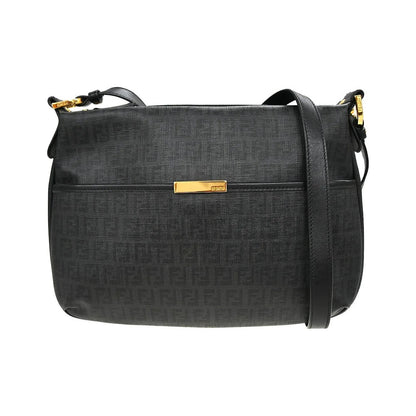 Fendi Front Pocket Messenger Zucchino Coated Canvas, Black, PVC, Shoulder Bag