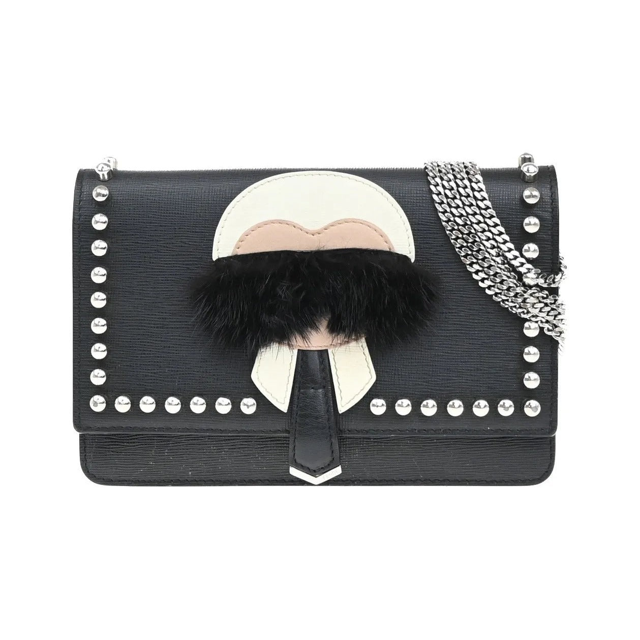 Fendi Karlito Wallet on Chain Studded Saffiano Leather, Black, Leather, Shoulder Bag