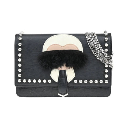 Fendi Karlito Wallet on Chain Studded Saffiano Leather, Black, Leather, Shoulder Bag
