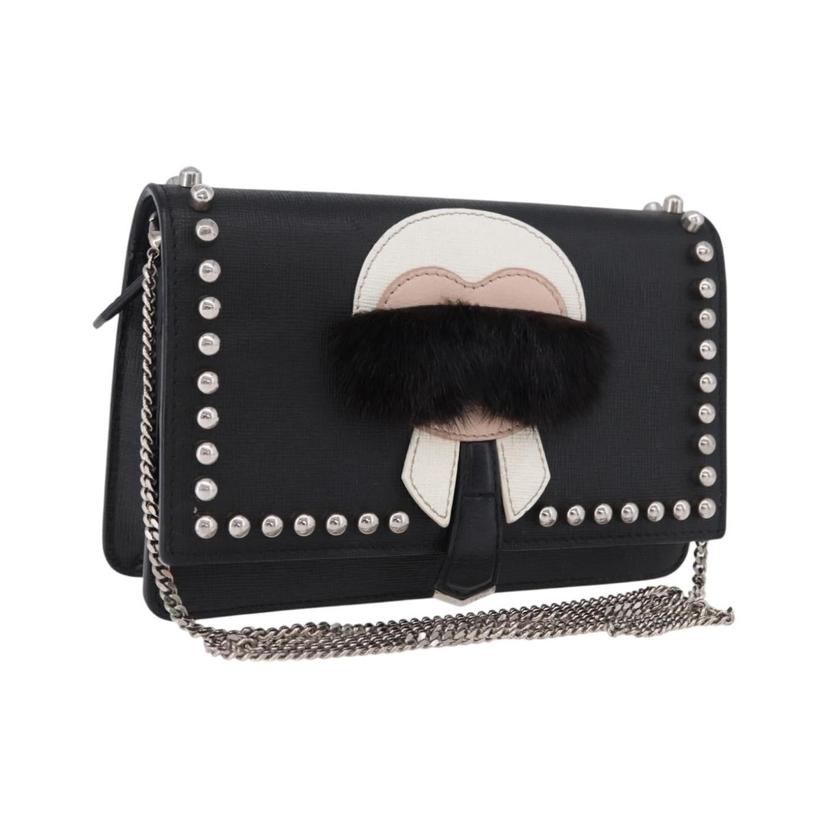 Fendi Karlito Wallet on Chain Studded Saffiano Leather, Black, Leather, Crossbody Bag