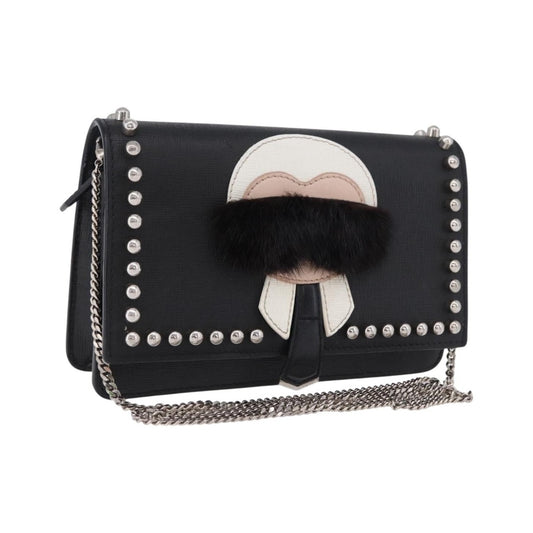 Fendi Karlito Wallet on Chain Studded Saffiano Leather, Black, Leather, Crossbody Bag