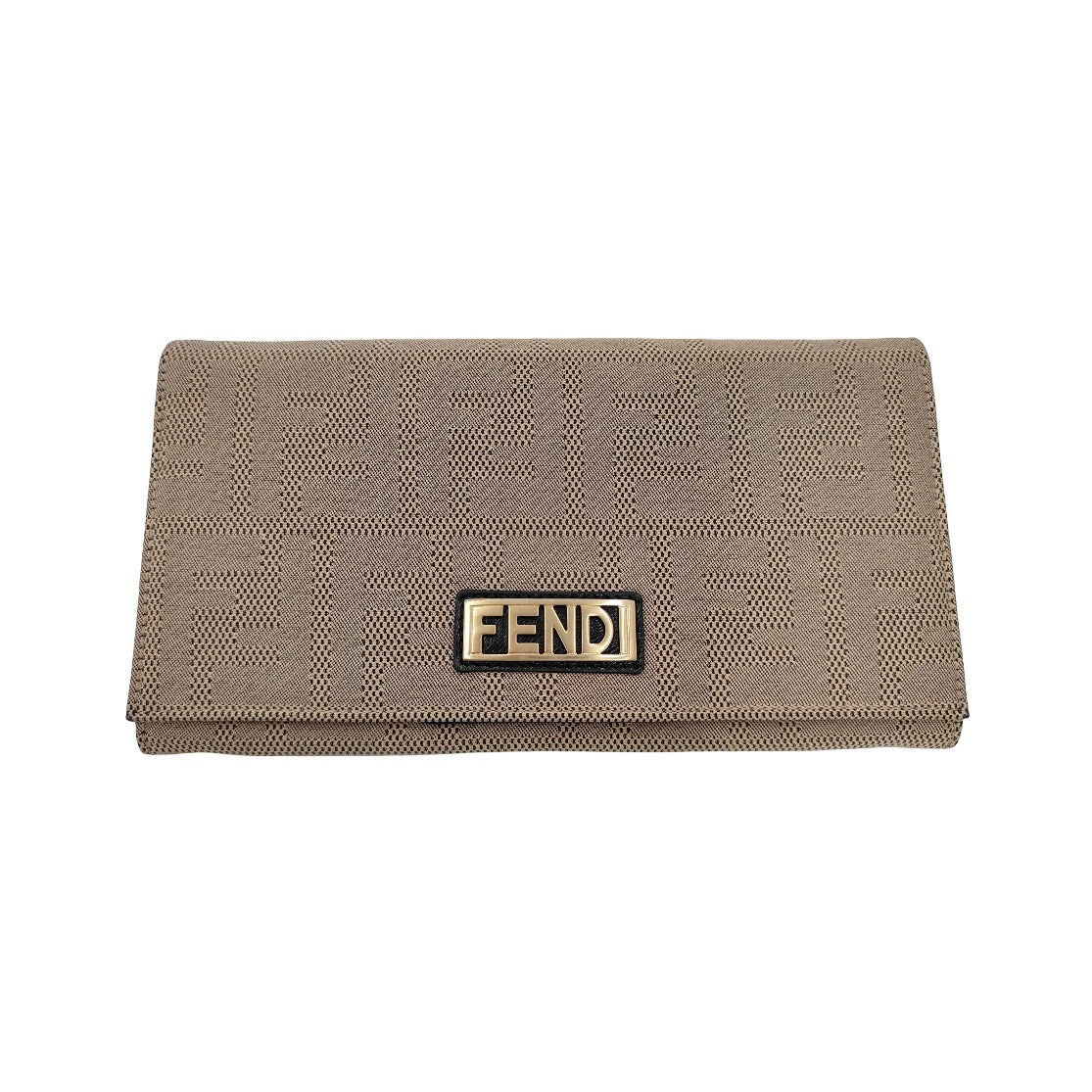 Fendi Logo Continental Leather, Beige, Canvas, Wallet