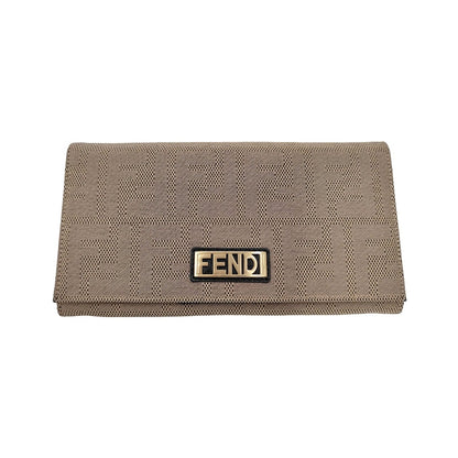 Fendi Logo Continental Leather, Beige, Canvas, Wallet