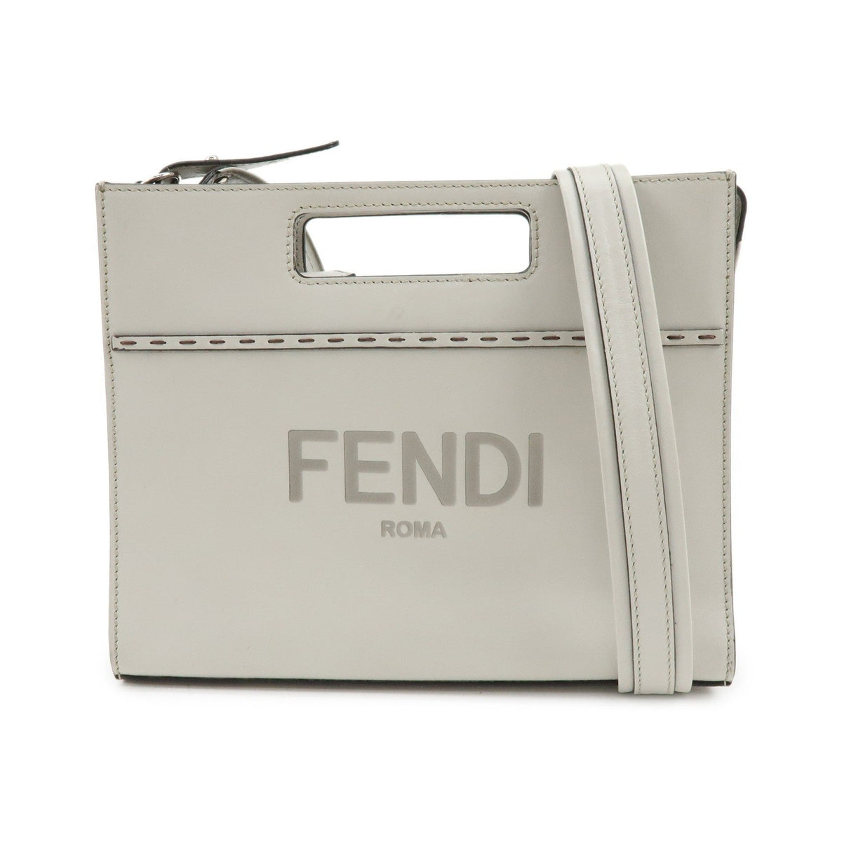 Fendi Logo Cut-Out Handle Shopper Embossed Leather, Gray, Leather, Tote Bag