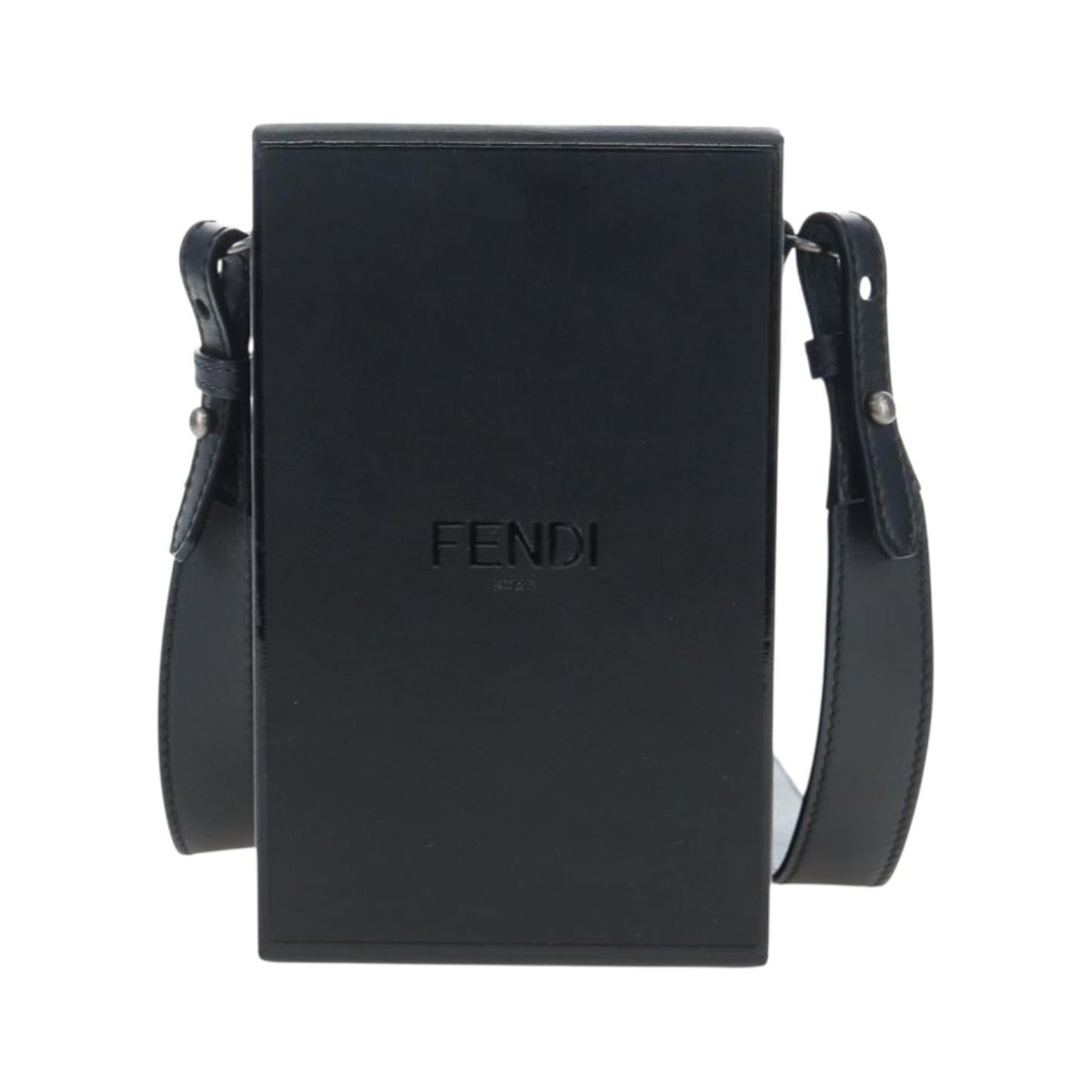 Fendi Logo Vertical Box Leather, Black, Leather, Shoulder Bag