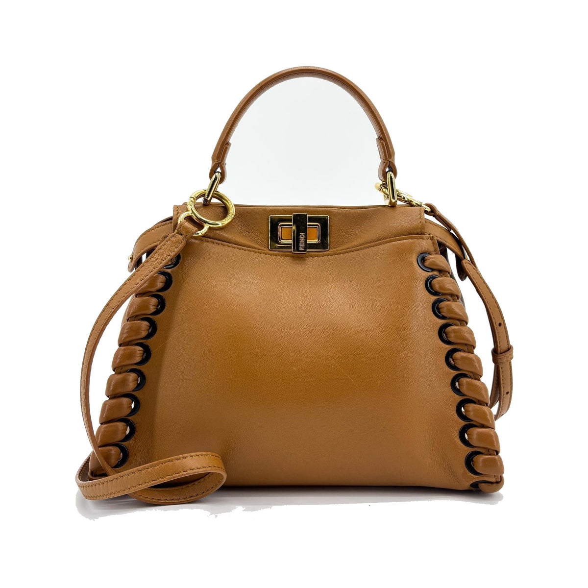 Fendi Peekaboo Whipstitch Leather, Brown, Leather, Handbag
