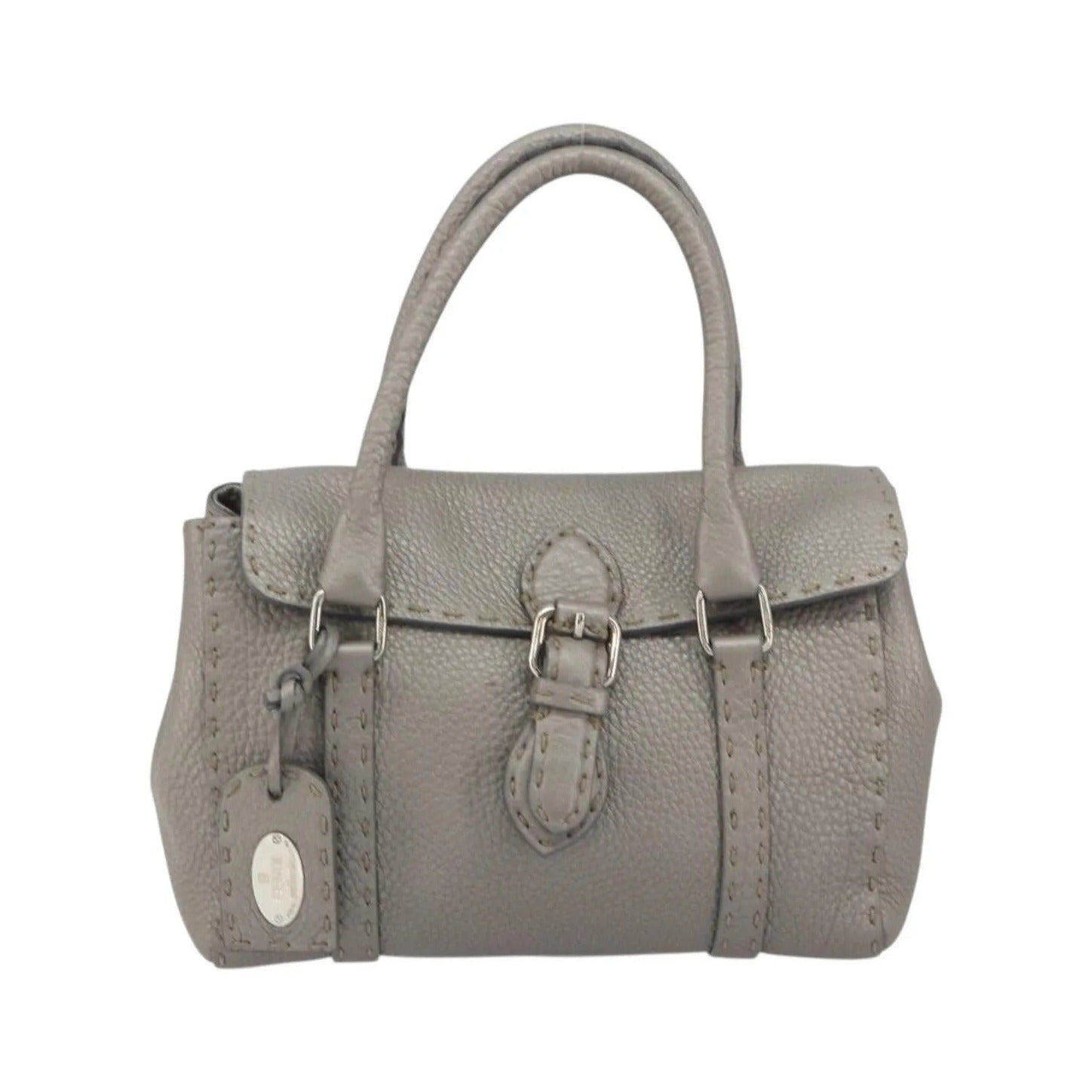Fendi Selleria Linda Satchel Pebbled Leather, Gray, Leather, Handbag