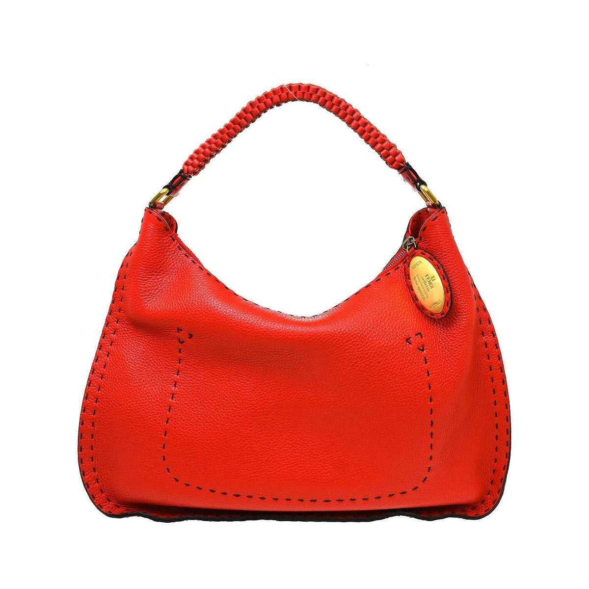 Fendi Selleria Logo Hobo Leather, Red, Leather, Shoulder Bag