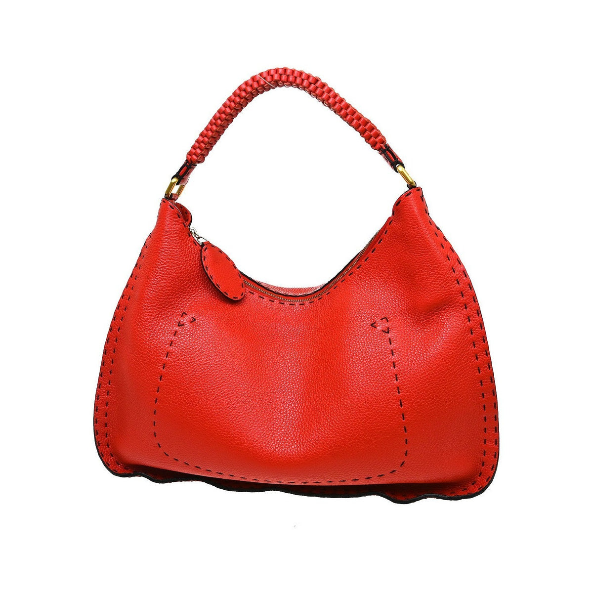 Fendi Selleria Logo Hobo Leather, Red, Leather, Shoulder Bag