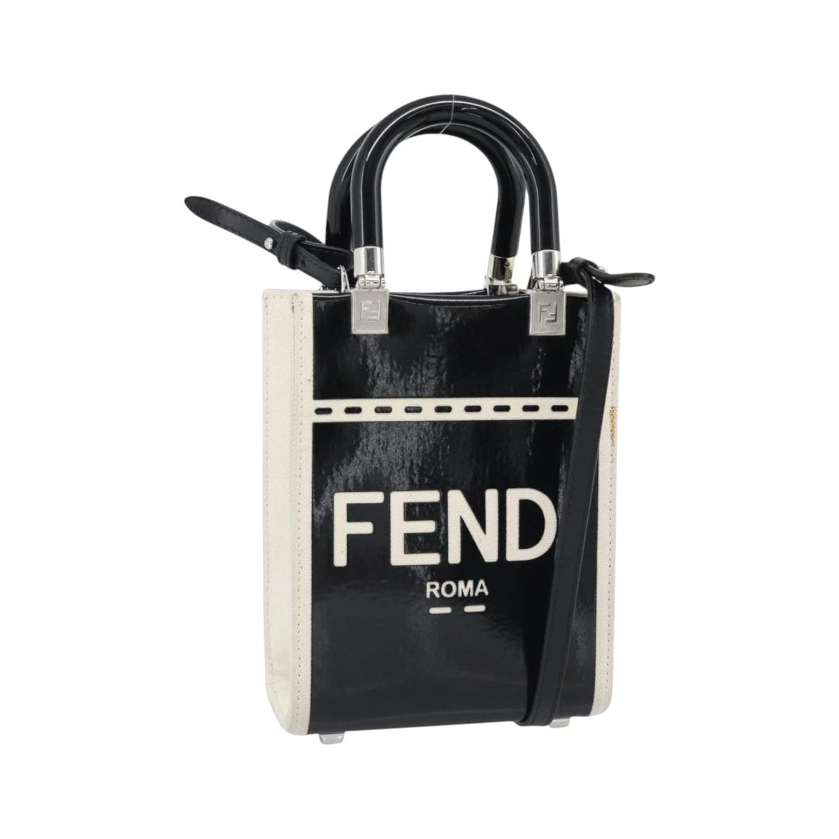 Fendi Sunshine Shopper Patent and Canvas, Black, Patent Leather, Tote Bag