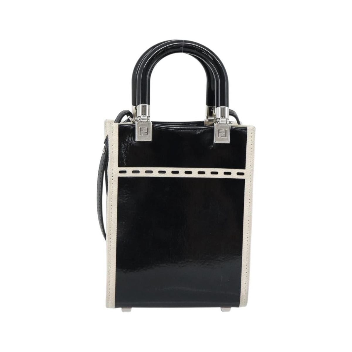 Fendi Sunshine Shopper Patent and Canvas, Black, Patent Leather, Tote Bag