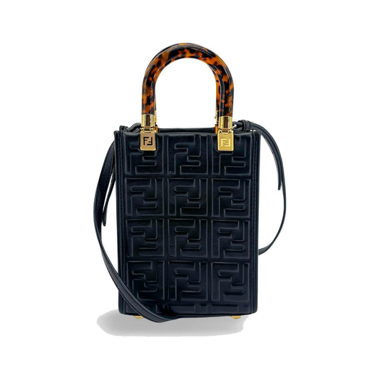 Fendi Sunshine Shopper Striped Suede, Black, Leather, Tote Bag