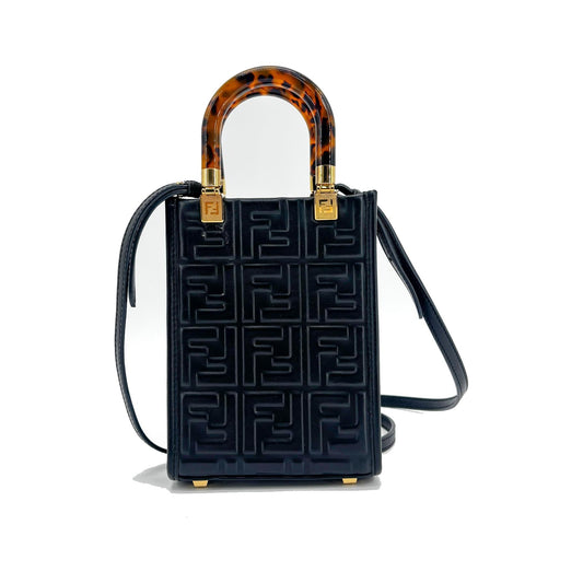 Fendi Sunshine Shopper Striped Suede, Black, Leather, Tote Bag