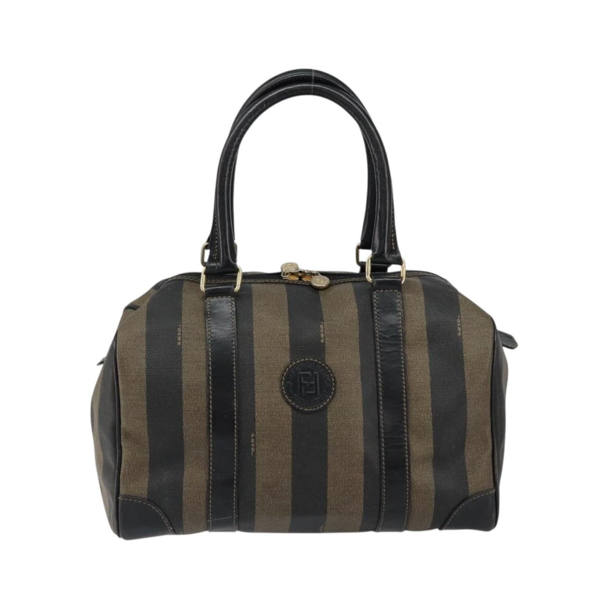 Fendi Vintage Pequin Boston Coated Canvas, Brown, Canvas, Handbag