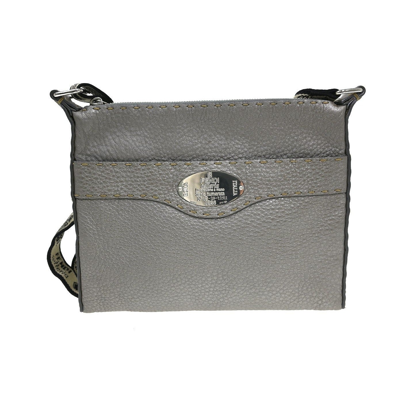Fendi Vintage Selleria Zip Messenger Leather, Silver, Leather, Shoulder Bag