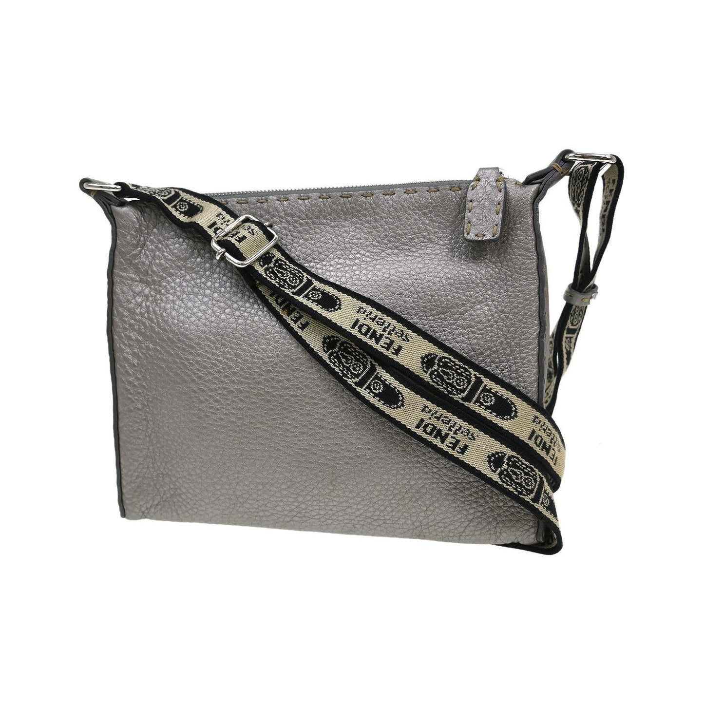 Fendi Vintage Selleria Zip Messenger Leather, Silver, Leather, Shoulder Bag