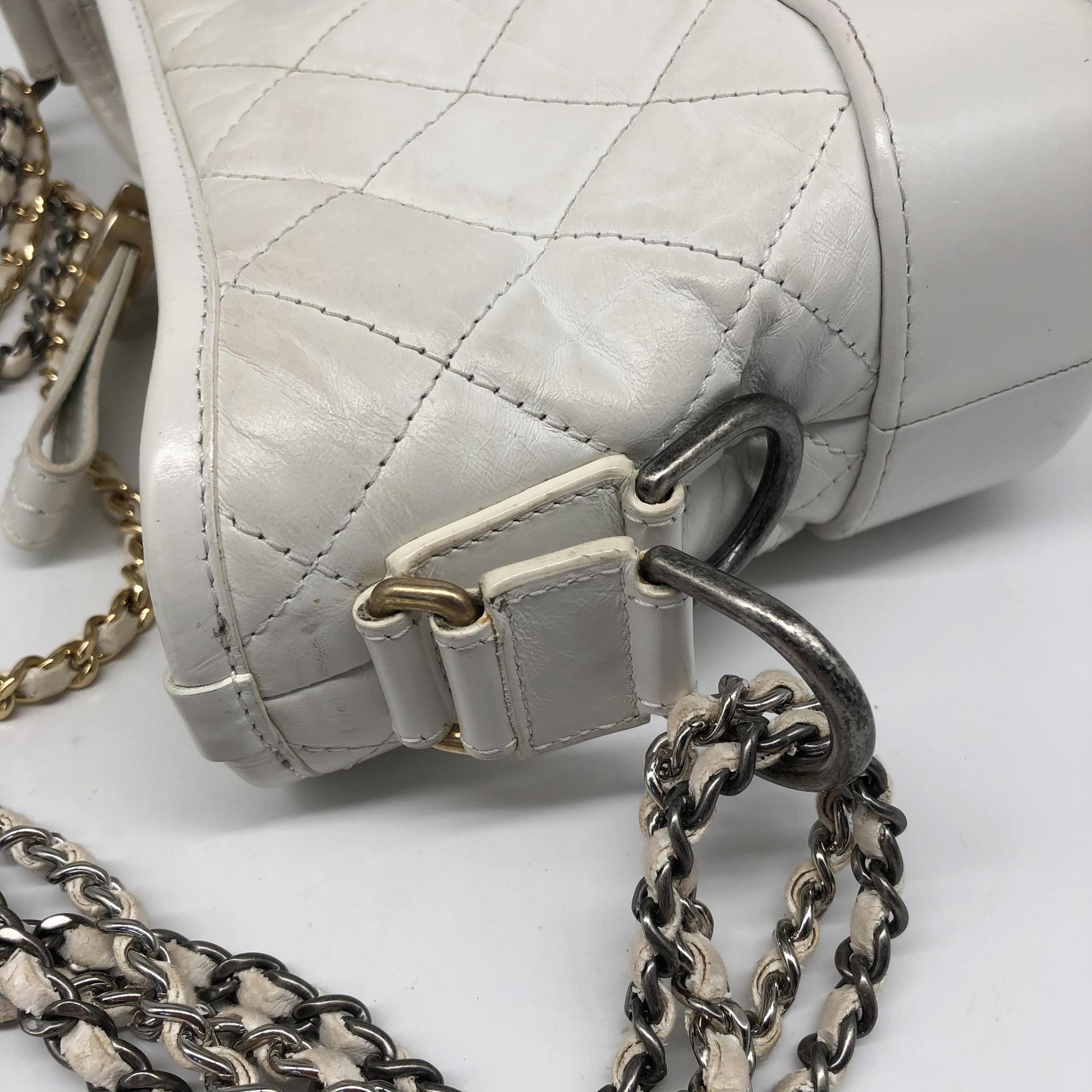 Chanel Gabrielle Hobo Quilted Aged Calfskin, White, Calfskin, Shoulder Bag