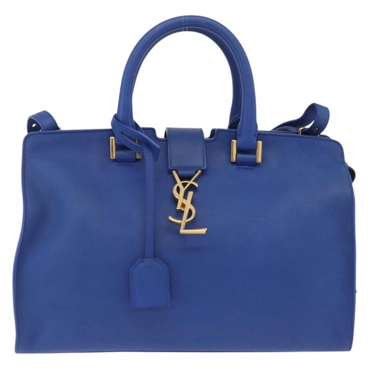 Saint Laurent Monogram Cabas Leather, Blue, Leather, Tote Bag