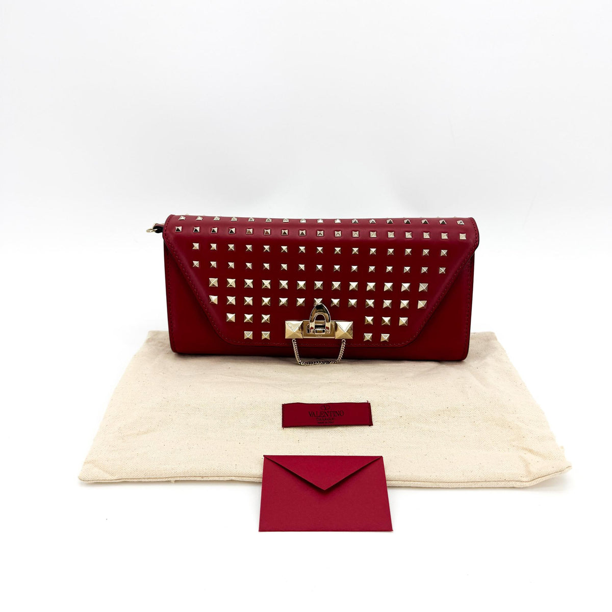 Valentino Garavani Demilune Clutch Studded Leather, Red, Leather, Clutch