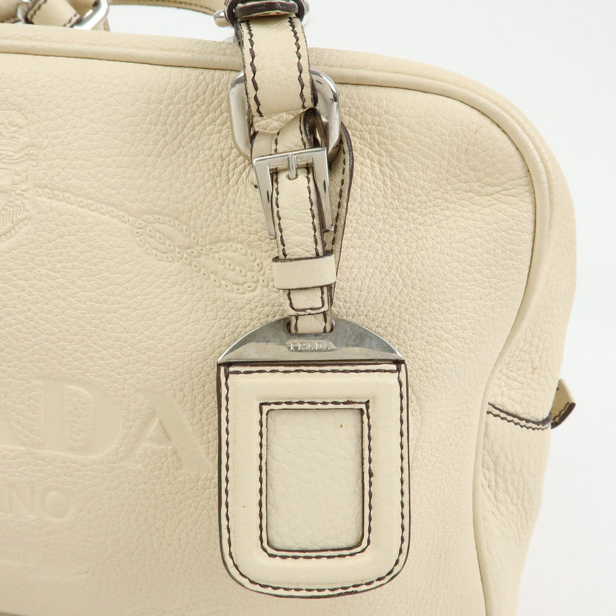 Prada Embossed Logo Bauletto Vitello Daino, Beige, Leather, Handbag