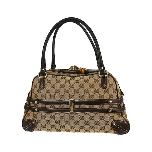 Gucci Bamboo Horsebit Canvas and Leather, Brown, Canvas, Shoulder Bag