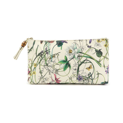 Gucci Bamboo Zip Pouch Flora Leather, Beige, Leather, Clutch